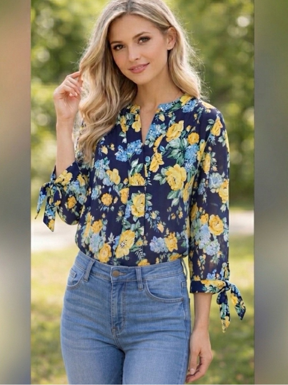 Counterparts Womens’s Top Blue Yellow Floral Relaxed 3/4 Sleeve Tie Cuff S